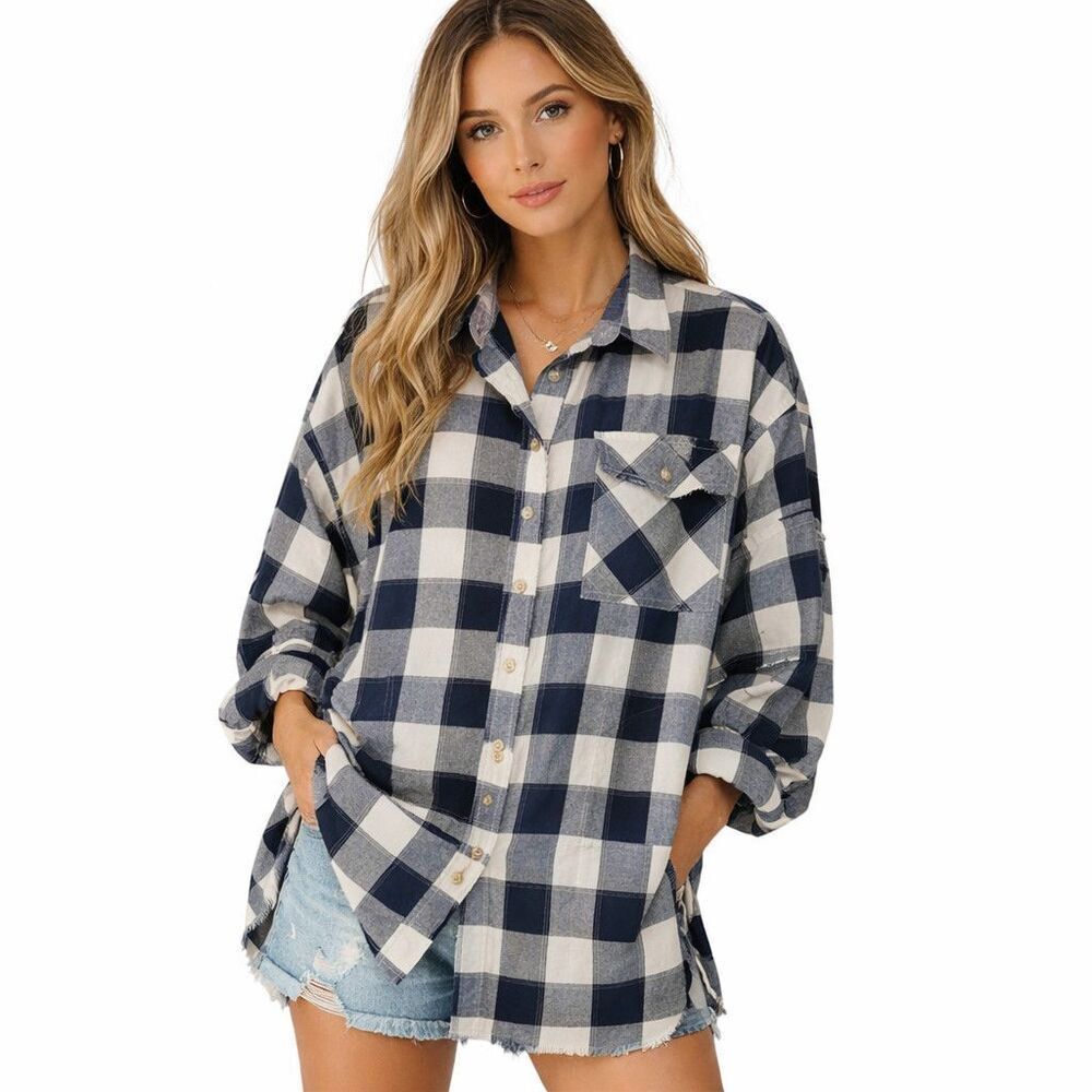 Easel Tunic Shirt Womens Small Blue Plaid Flannel Button Front Oversized Top